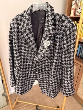 Mango Black & White Houndstooth Tweed Jacket